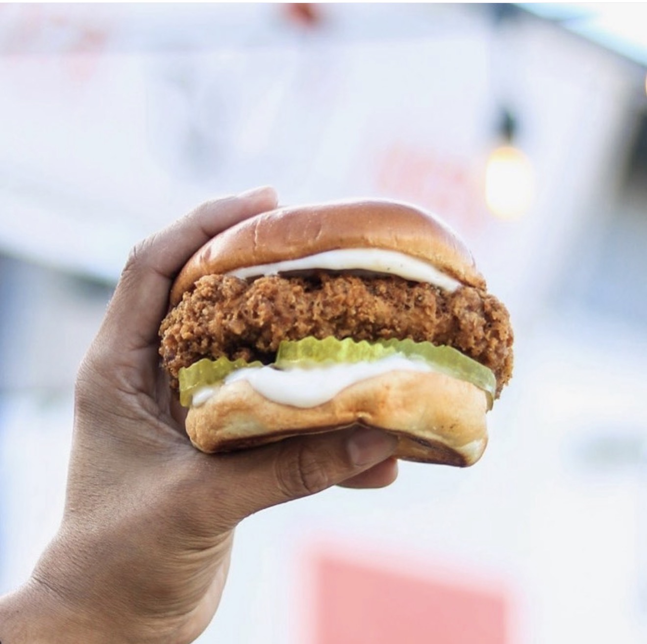 Crispy vegan Chikn sandwich held up in hand